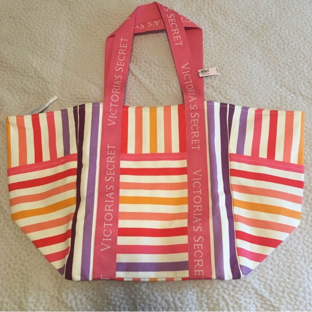 Victoria's Secret Pink and Orange Tote Bag Vibrant Stripes
